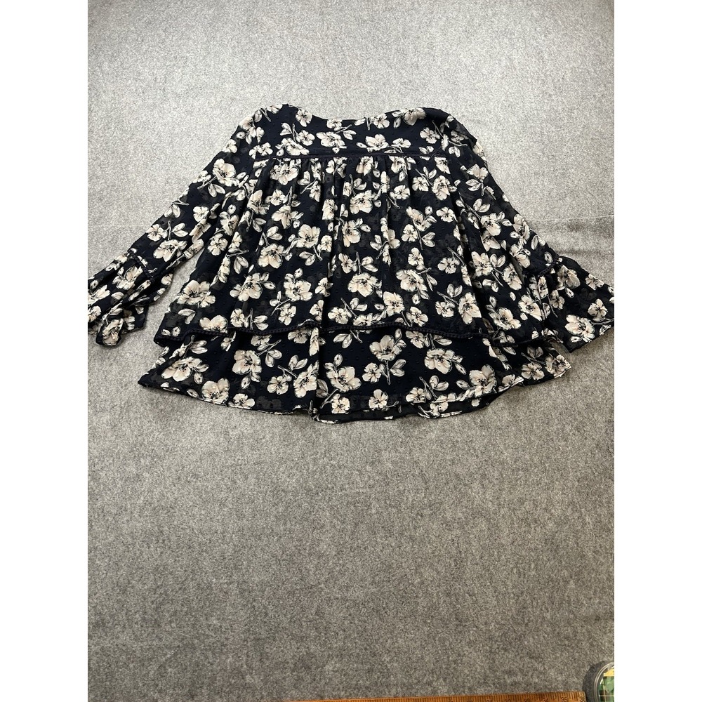 Moon River Navy Floral Swiss Dot Blouse Keyhole Ruffle Boho Top MR2334 L